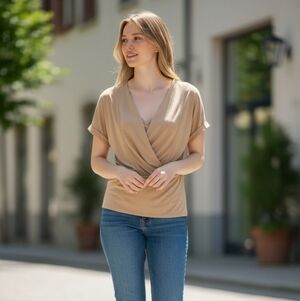 Liz McCoy Draped V-Neck Blouse | Beige Layered Front Stretch Top | Size Medium